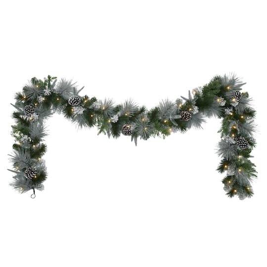9Ft Pre-Lit Green Flocked Pine & Pinecone Battery-Operated Artificial Garland By Puleo International | 9 ft | Michaels®